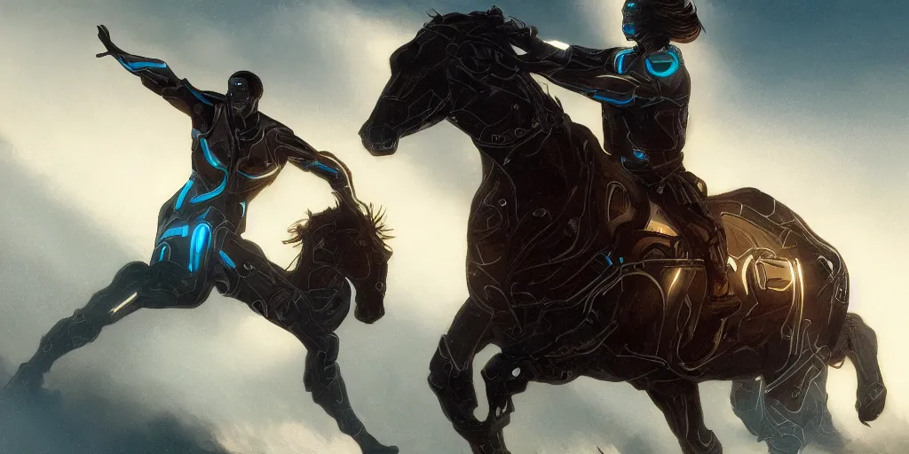 Image similar to tron legacy jesus riding cyborg horse, face, diffuse lighting, hyper realistic, concept art, intricate, hyper detailed, smooth, sharp focus, illustration, trending on artstation, art by greg rutkowski and james gurney and alphonse mucha