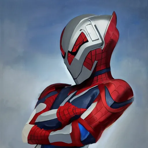 Image similar to greg manchess portrait painting of armored spiderman ultraman grey fox from metal gear cyborg japanese - american hybrid as overwatch character, medium shot, asymmetrical, profile picture, organic painting, sunny day, matte painting, bold shapes, hard edges, street art, trending on artstation, by huang guangjian and ail elvgren and sachin teng