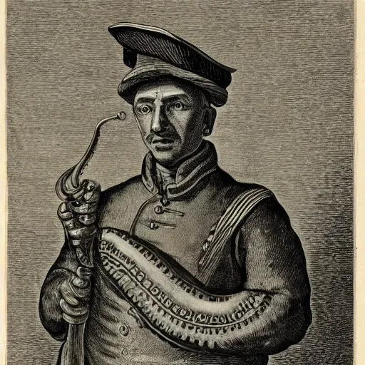 Image similar to A colonial soldier with an octopus head, engraving, ink, black and white, 17th century