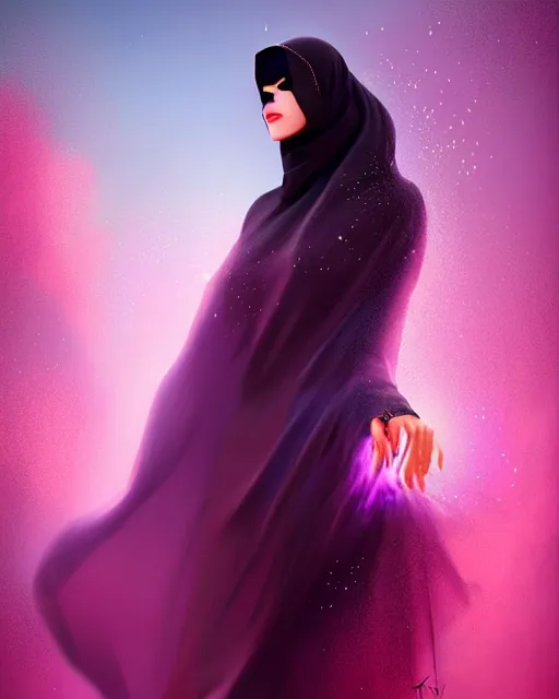 Image similar to beautiful arab woman in niqab, floating in mid - air, long flowing fabric, haunting, dancer, flowers, rain, lightning, storm, digital painting, illustration by james jean and tinothy kong and artgerm, volumetric lighting, realism, artstation