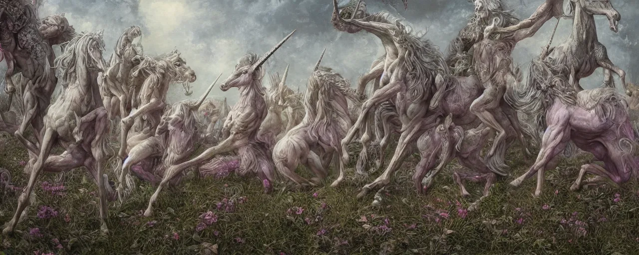 Prompt: a stunning detailed mate painting of unicorns dancing on a graveyard'by wayne barlowe, existential horror, trending on cgsociety artstation, highly detailed, 8 k, masterpiece, super resolution.