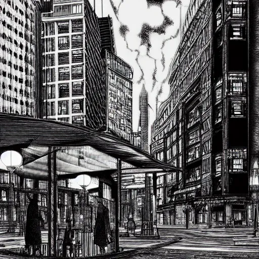 Image similar to dark city bus stop, by kentaro miura,black and white, very detailed, ArtStation