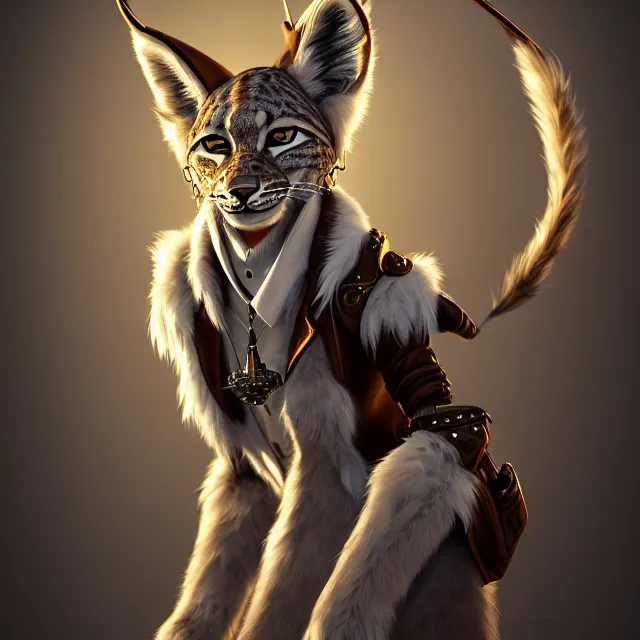 Image similar to the portrait of anthropomorphic lynx fursona wearing a steampunk suit as unimaginably beautiful, gorgeous, elegant, young lynx, an ultrafine hyperdetailed illustration by furaffinity, intricate linework, white fur, unreal engine 5 highly rendered, global illumination, radiant light, detailed and intricate environment