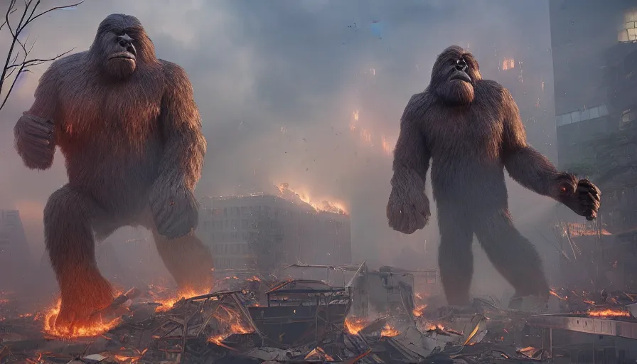 Prompt: giant bigfoot destroying washington dc, debris and fire, collapsed buildings, monster, hyperdetailed, artstation, cgsociety, 8 k