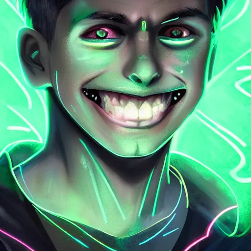 Image similar to a digital matte intricate smiling face illustration concept art, young danny phantom with glowing green eyes cute alt art fashion inspired by charlie bowater and wlop and mark arian and ross tran + neon colors, symmetry, intricate complexity, epic composition, magical atmosphere, highly detailed, cinematic lighting + masterpiece, trending on artstation + 8 k