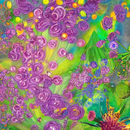 Prompt: This illustration is a large canvas, covered in a wash of color. In the center is a cluster of flowers, their petals curling and twisting in on themselves. The effect is ethereal and dreamlike, and the overall effect is one of serenity and peace. by Pipilotti Rist, by Tom Hammick, by Heather Theurer blocks