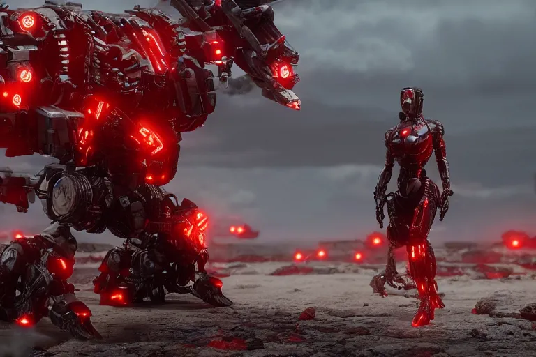 Prompt: a cinematic still from Westworld, red mech, armored core, octane render, nvidia raytracing demo, masterpiece