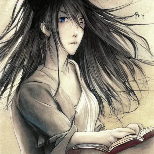 Image similar to a girl reading a book, her hair flowing down, a character portrait by yoshitaka amano, featured on pixiv, fantasy art, official art, androgynous, anime