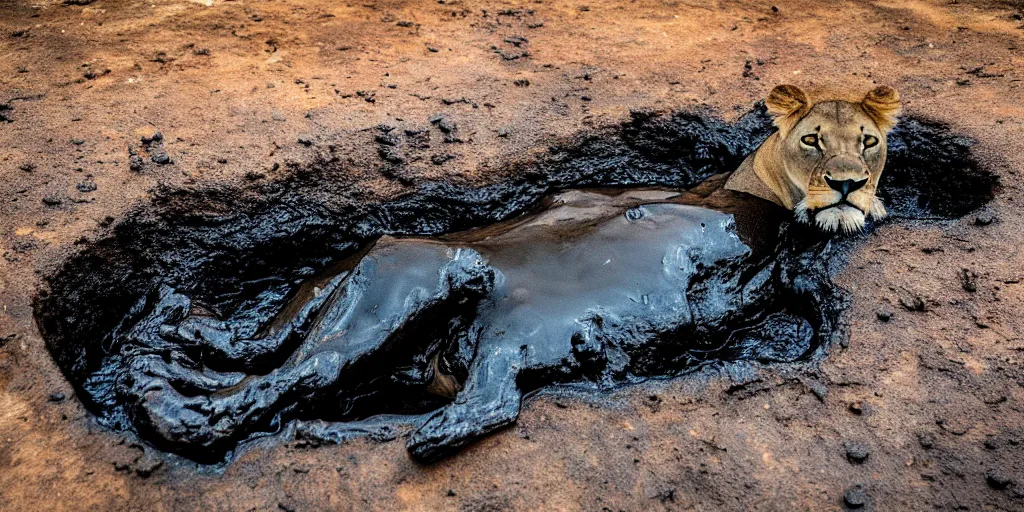 Prompt: a photo of a lioness, made of tar, bathing inside the tar pit, full of tar, covered with liquid tar. dslr, photography, realism, animal photography, color, savanna, wildlife photography