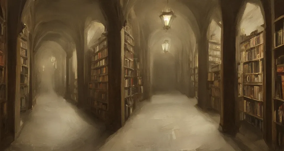 Image similar to Stefan Koidl's painting of a very dark creepy victorian corridor with bookshelves everywhere and two candles. 4k, artstation.