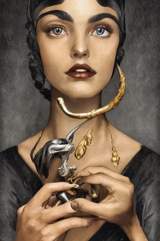 Image similar to An extremely beautiful Art Deco ornate portrait of a young attractive woman with a beautiful bone structure, professionally painted digital art illustration, smooth, sharp focus, atmospheric lighting, highly detailed illustration highlights, golden ratio, extremely detailed winning award masterpiece, 8K post-processing, trending on artstation flawless, prismatic highlights, telephoto, depth of field, cinematic, macro, concept art, wepa digital, elegant, epic, octane render, v-ray, C4D