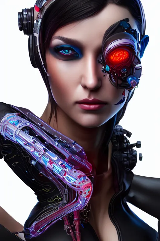 Prompt: portrait of a cyberpunk V2) woman with biomechanichal parts by Artgerm, 35mm focal length, hyper detailled, 4K