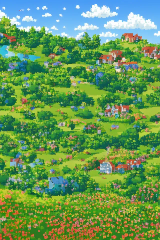 Prompt: a countryside, green hills and blue sky with patches of clouds, nature in all its beauty, some houses in the background, star - shaped flowers in the foreground, we can see the sea, pixel art, detailed,