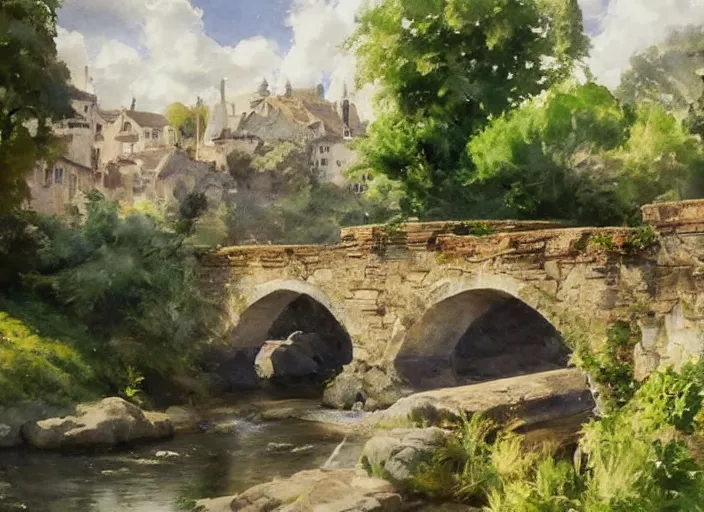 Image similar to watercolor of rustic stone bridge with mural, ivy, summer daylight, bright clear day, clouds, high detailed art by dennis miller bunker, work by anders zorn, wonderful masterpiece by greg rutkowski, beautiful cinematic light, american romanticism by greg manchess, creation by tyler edlin