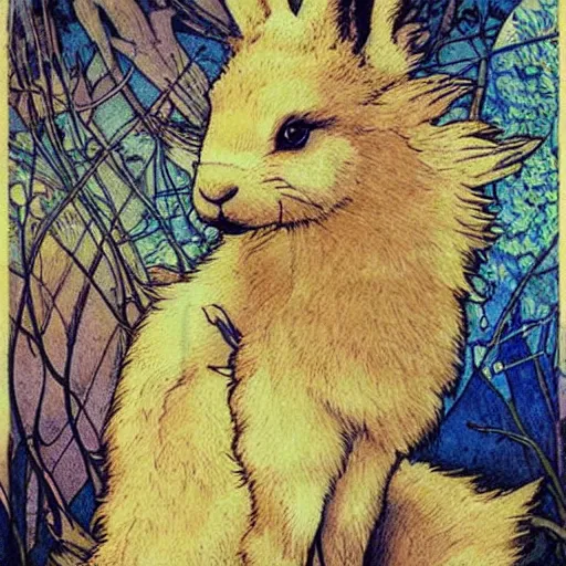 Prompt: a rabbit wolf poster, mucha