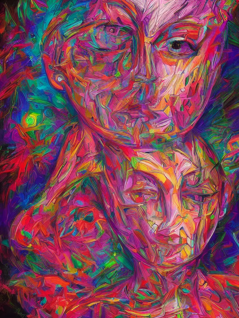 Prompt: a portrait painting of the face of a female dmt entity, biomechanics, artistic composition, sharp focus, intricate concept art, digital painting, colorful flat surreal design