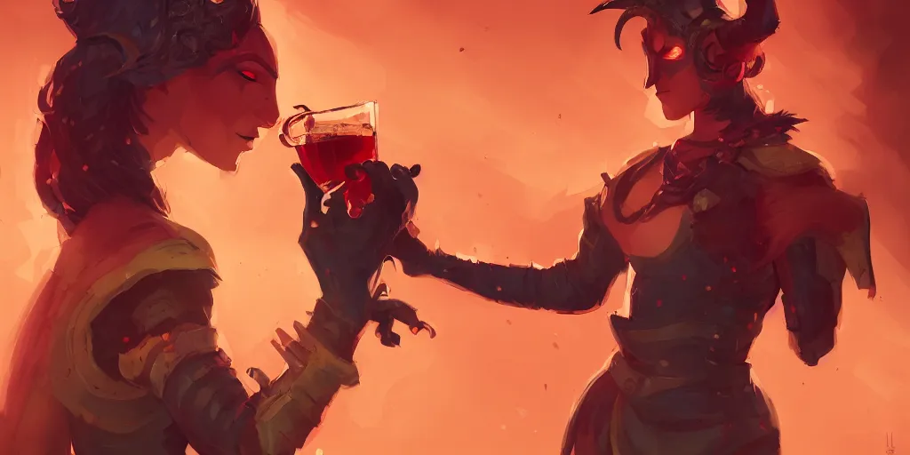 Prompt: a tiefling knight drinking tea in hell in the style of artgerm, charlie bowater, atey ghailan and mike mignola, vibrant colors and hard shadows and strong rim light, plain background, comic cover art, trending on artstation