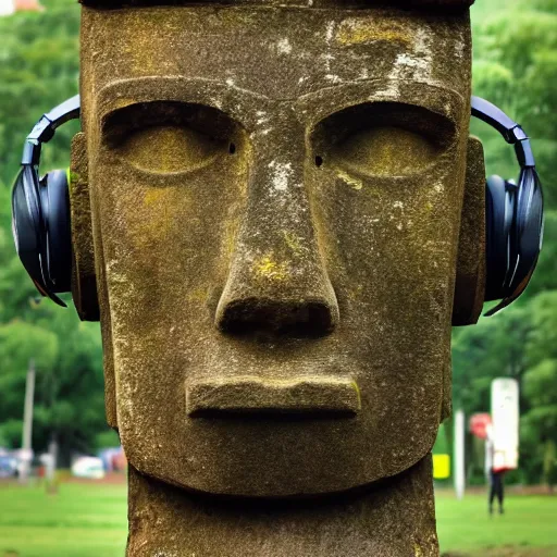 Image similar to a high detail photo of a moai wearing headphones, subject: moai, subject detail: wearing headphones