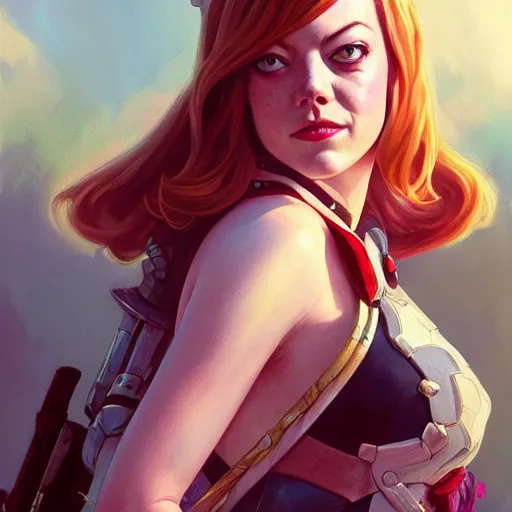 Prompt: beautiful Emma Stone as Gwenpool, western, closeup, D&D, fantasy, intricate, elegant, highly detailed, digital painting, artstation, concept art, matte, sharp focus, illustration, art by Artgerm and Greg Rutkowski and Alphonse Mucha