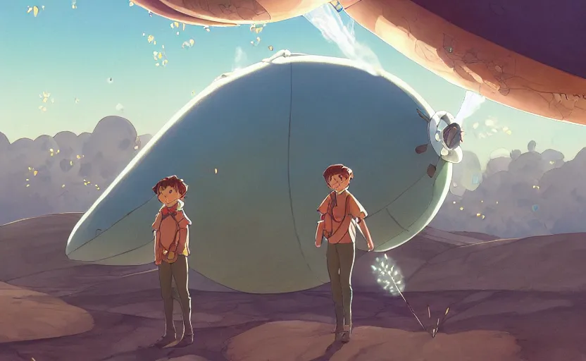Prompt: a wholesome animation key shot of nausicaa sheltering from the hot sun by a big airship in the desert by herself, studio ghibli, pixar and disney animation, sharp, disney concept art watercolor illustration by mandy jurgens and alphonse mucha and alena aenami, pastel color palette, blowing dandelion seeds float, bloom, dramatic lighting