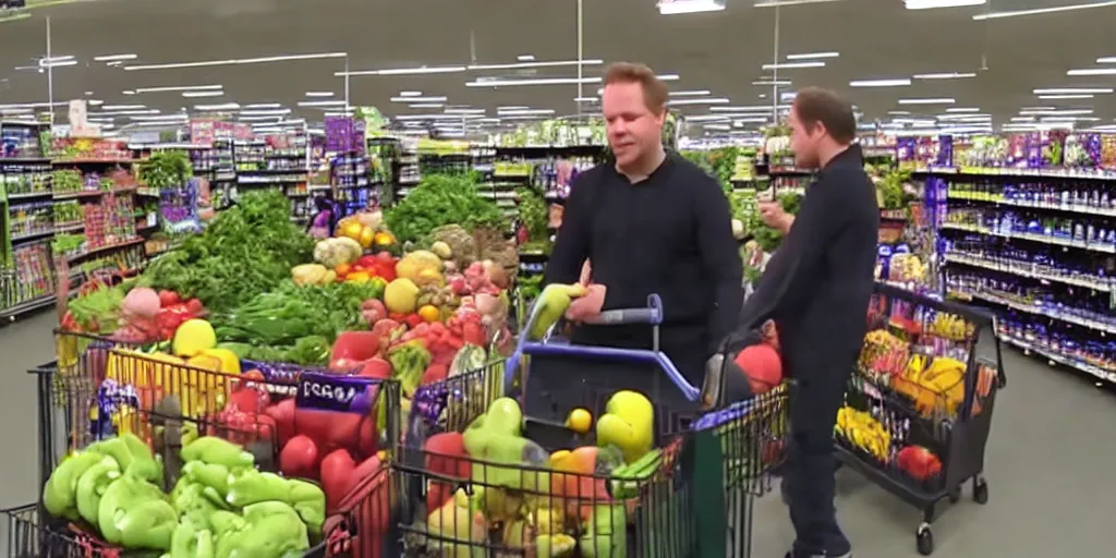 Prompt: cc tv video of barney getting groceries