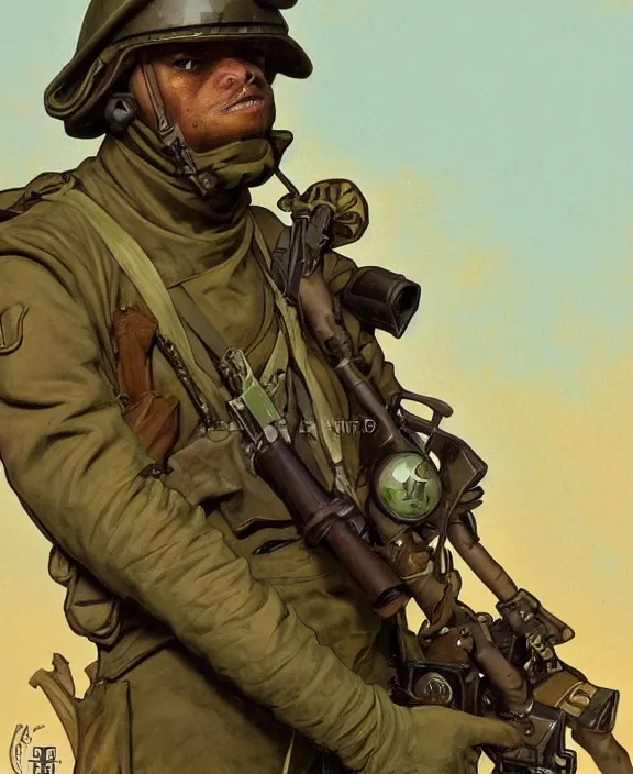 Image similar to Pepe the Frog in military uniform, Schutztruppe, German East Afrika, WW1 Tooth Wu Artgerm Greg Rutkowski Alphonse Mucha Beeple artstation deviantart, 8k, fanart, extreme aesthetic