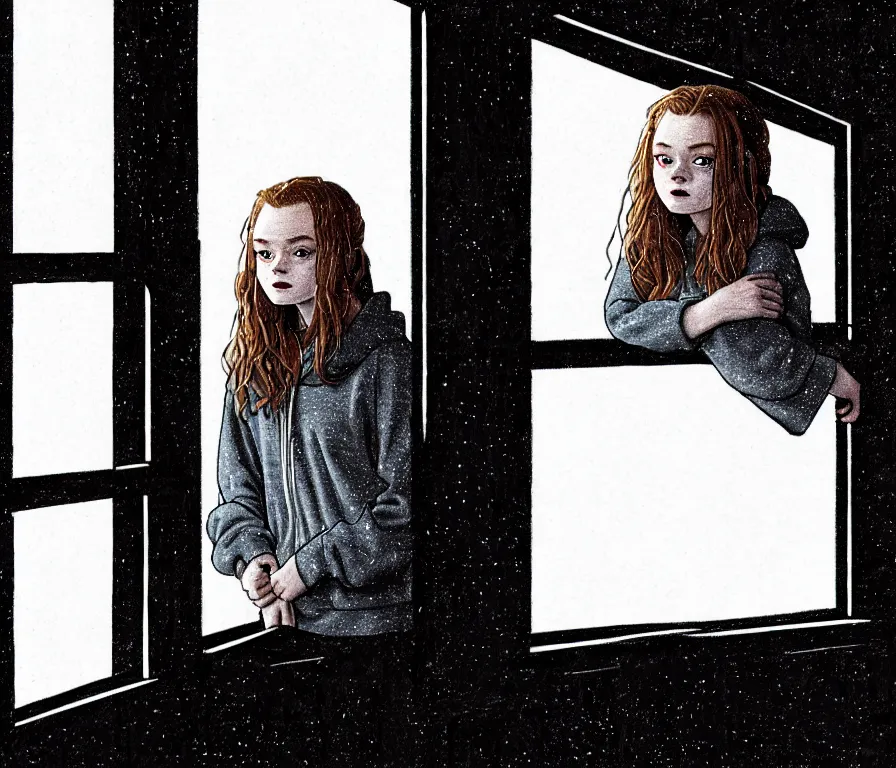 Image similar to sadie sink in hoodie sits on windowsill, knees tucked in | rain falls at night : storyboard, scifi cyberpunk. by joe alves, chris bonura, gabriel hardman. cinematic atmosphere, detailed and intricate, perfect anatomy