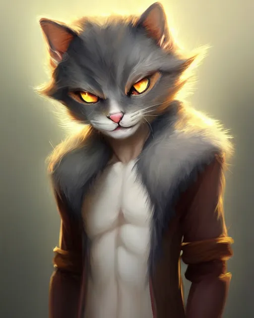 Image similar to character concept art of a young male anthropomorphic furry cat | | cute - fine - face, pretty face, key visual, realistic shaded perfect face, fine details by stanley artgerm lau, wlop, rossdraws, james jean, andrei riabovitchev, marc simonetti, and sakimichan, trending on artstation