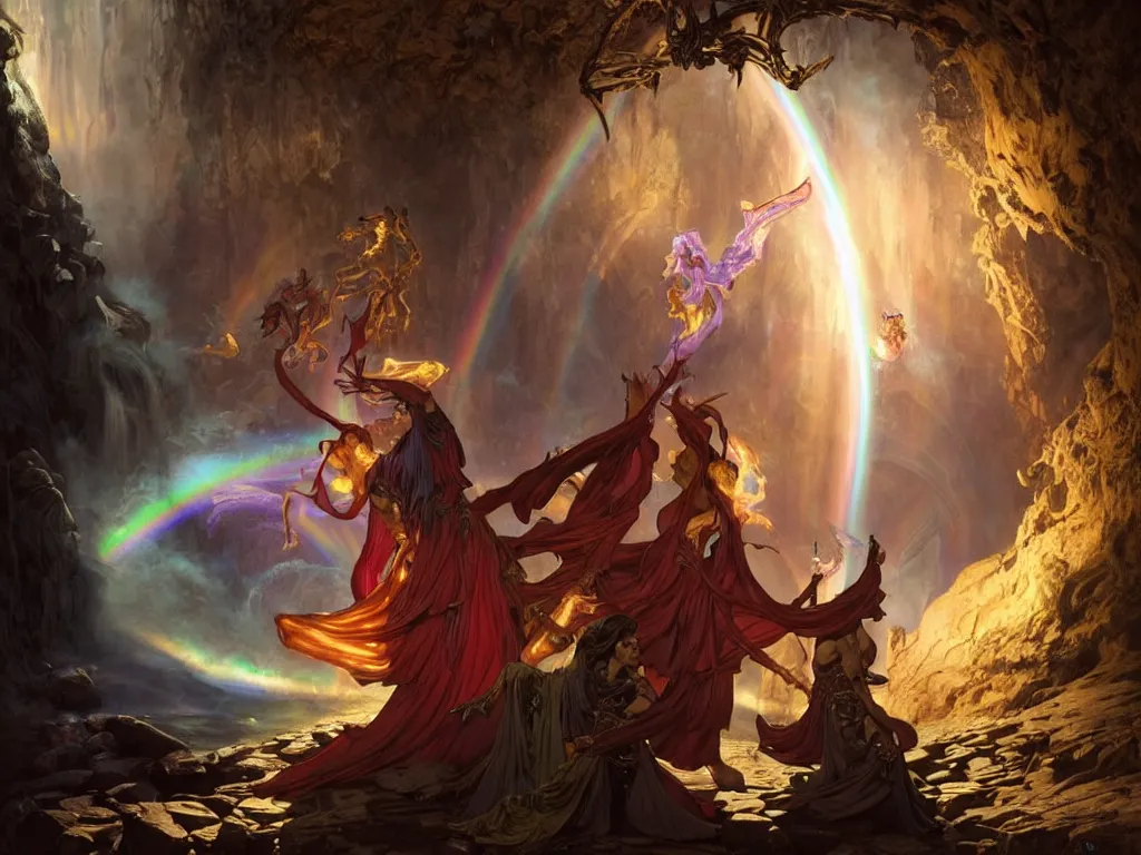 Prompt: painting of powerful stylish sorcerer and a cleric banishing demons in a dark cave with a rainbow spell, ultra realistic, concept art, intricate details, eerie, highly detailed, photorealistic, octane render, 8 k, unreal engine. art by artgerm and greg rutkowski and magali villeneuve and alphonse mucha