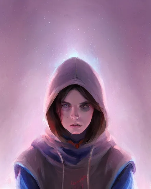 Image similar to colorful and Festive Captivating mage girl, with brown hair, a blue hoodie, serious looking, atmospheric lighting, painted, intricate, highly detailed by Charlie Bowater