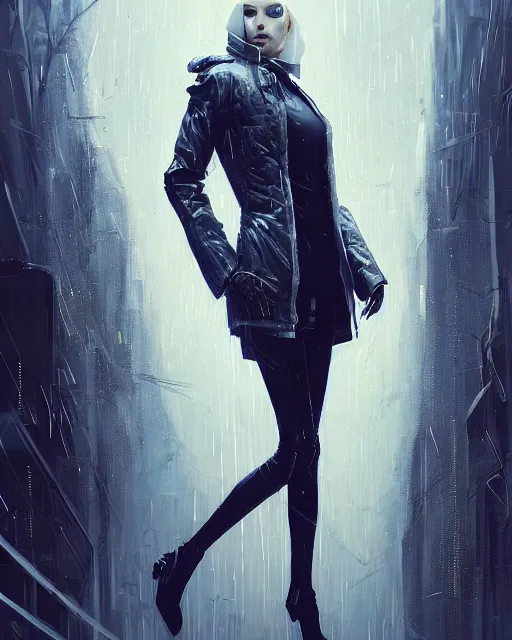 Image similar to detailed portrait of European Pretty Young Girl Storm Rain movie Jacket coat, Futuristic sci-fi fashion, royal attire by ismail inceoglu dragan bibin hans thoma greg rutkowski Alexandros Pyromallis Nekro Rene Margitte illustrated Perfect face, sharp chine, fine details, realistic shaded, fine-face, pretty face cyberpunk, neotokyo, synthwave, aesthetics, futuristic, low-emission-neon, bladerunner movie scene