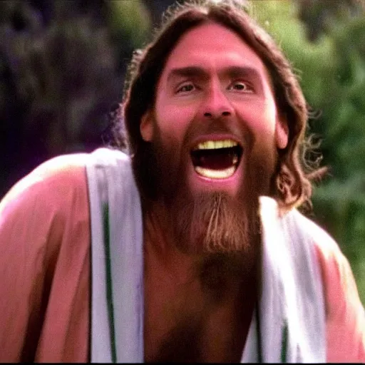 Image similar to jesus christ in a 1 9 9 0 s mountain dew commercial, movie still