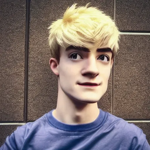 Image similar to “a realistic detailed photo of a guy who is an attractive humanoid who is half robot and half humanoid, who is a male android, twitch streamer Ninja Tyler Blevins, shiny skin, posing like a statue, blank stare, bedroom, close up”