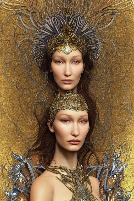 Image similar to a highly detailed portrait of a beautiful alien woman goddess bella hadid in iris van herpen dress in diamonds and fractals in style of alphonse mucha art nuvo gustav klimt trending on artstation made in unreal engine 4