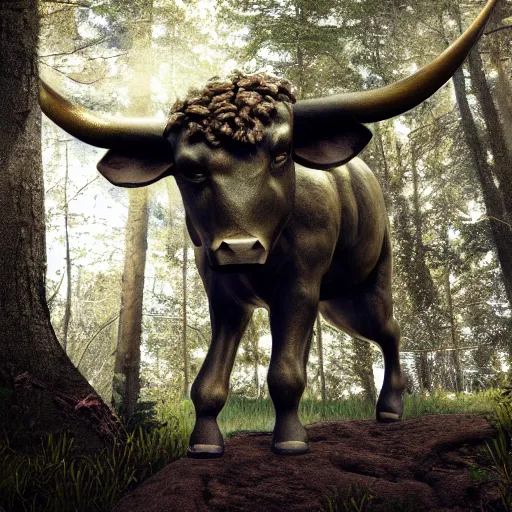 Image similar to artistic photo of minotaur in the forest, dim light, extremely detailed, gold accents