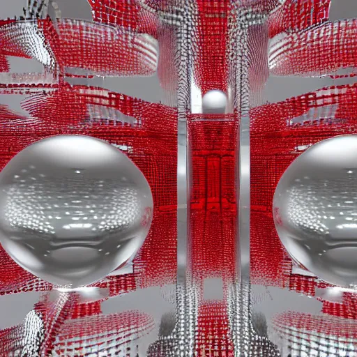 Prompt: chrome spheres on a red cube, curflection