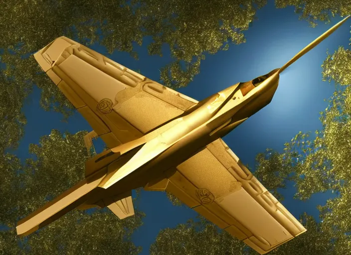 Prompt: a 3 d scene of a golden f - 2 2 raptor with swan wings with ornate rococo patterns flying over an enchanted forest