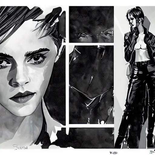 Prompt: Emma Watson in a black leather suit by Yoji Shinkawa