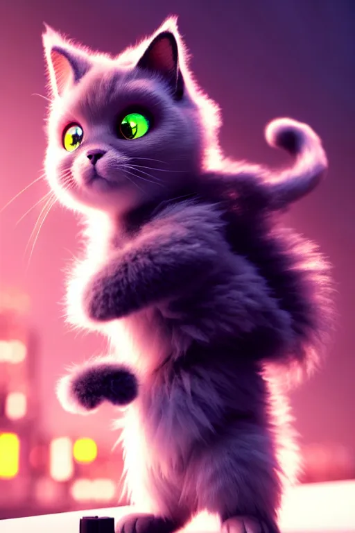 Image similar to high quality 3 d render very cute fluffy cyborg!! cat plays saxophone, cyberpunk highly detailed, unreal engine cinematic smooth, in the style of blade runner & detective pikachu, hannah yata charlie immer, moody light, low angle, uhd 8 k, sharp focus