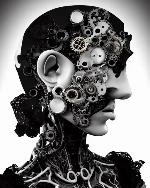 Prompt: black and white dreamy foggy profile face portrait, one steampunk cat eye biomechanical beautiful young female cyclope - cyborg - robot bust, body ribs meshes,, volumetric light, hibiscus flowers, by hg giger, rim light, by dora maar and cecile beaton, big gothic fashion pearl embroidered collar, 8 k