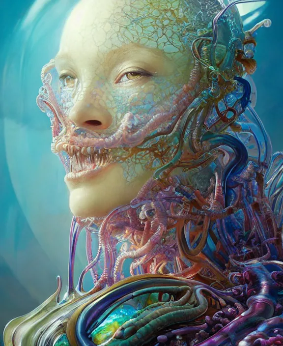 Prompt: intricate colorful transparent portrait of a terrifying beautiful alien sea creature, mottled coloring, adorable, childlike, biopunk environment, ultra realistic, concept art, art nouveau, photorealistic, octane render, 8 k, unreal engine. art by christopher marley and artgerm and greg rutkowski and alphonse mucha