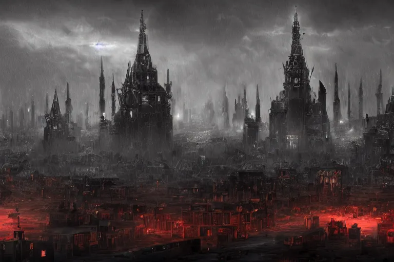 Prompt: Digital art, trending on Artstation, imperial russian warhammer 40k citadel black domes and tall radio spires, Dark and rainy mega city with towering walls built to block the migrants of the coming climate change migrant crisis showing piles of hundred bodies outside to maintain a quality of life for those who can survive the severe and deadly weather patterns observing small children targeted by advanced military style drones, dystopian, pbr render, concept art illustration, tilt shift background, wide depth of field, 8k, 35mm film grain