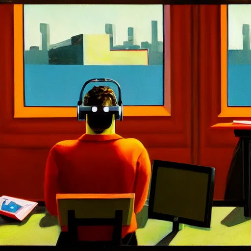 Image similar to A fine art painting of a man wearing Vr goggles dressed in orange overalls and creating the metaverse at a desk with screens, view through a window on a British street. In the style of Edward Hopper and Wes Anderson