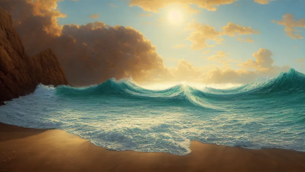 Image similar to first person view of breaking waves on the shore, summer, clear beautiful sky, sea breeze rises in the air, by andreas rocha and john howe, and Martin Johnson Heade, featured on artstation, featured on behance, golden ratio, ultrawide angle, f32, well composed