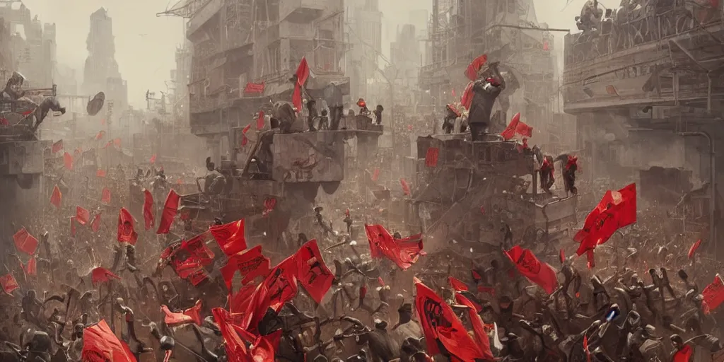 Prompt: Workers struggle against the bourgeoisie, workers revolution, red flags, Greg Rutkowski, detailed, digital art, trending on artstation, cinematic