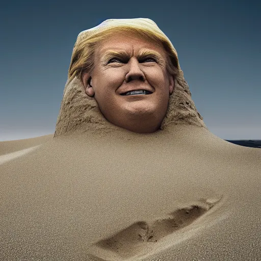 Prompt: the giant sand sculpted face of donald trump emerging from a sand dune, cinematic, surrealistic, supernatural, artstation