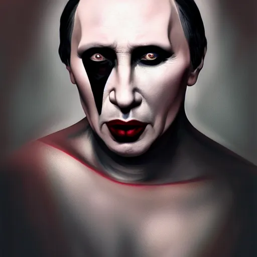 Image similar to Vladimir Putin as Marilyn Manson from Marilyn Manson, portrait, highly detailed, digital painting, artstation, concept art, smooth, sharp focus, illustration, cinematic lighting, art by artgerm and greg rutkowski and alphonse mucha