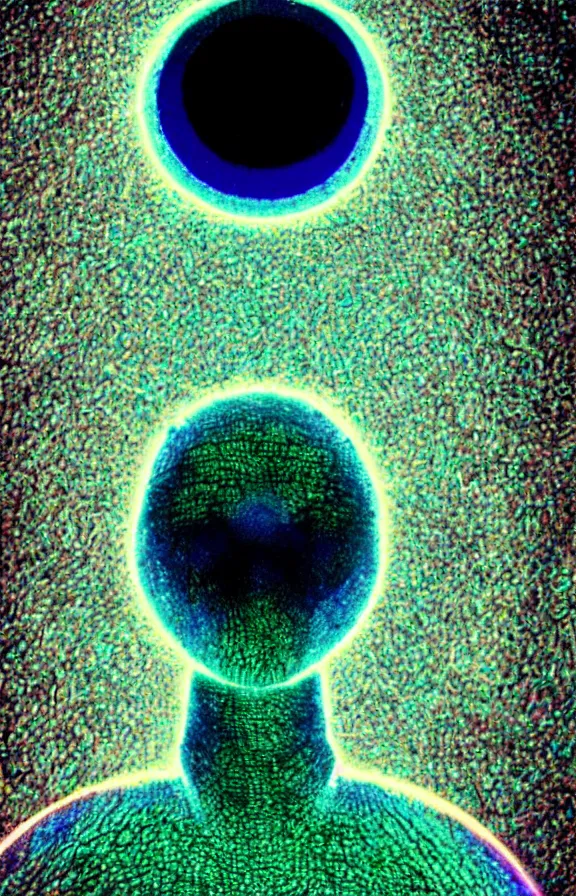 Image similar to Portrait of an iridescent alien seen through a colored electron microscope, vintage, sci-fi, soft grainy