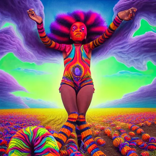 Image similar to a wide angle shot of a black girl with colorful dreadlocks in a field of candy, by Adi granov and afarin sajedi and amanda sage and evgeni gordiets and Agostino Arrivabene and adonna khare in a psychedelic portrait style, ultrarealistic matte painting, volumetric lighting, fractal, extremely symmetrical, highly detailed face, orisha, 8k, hd