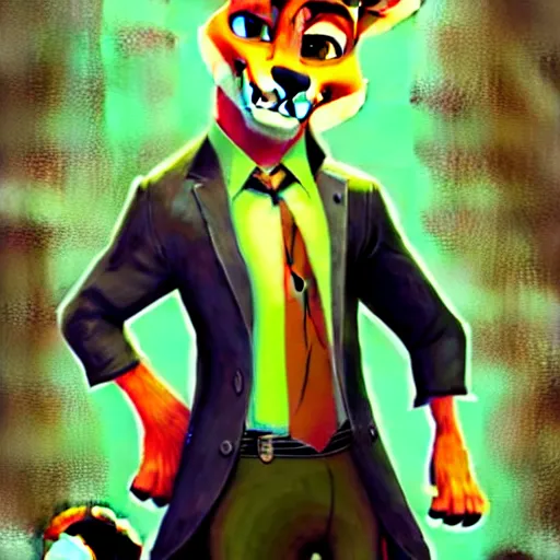 Prompt: concept art of nick wilde as max payne in max payne 3 set in gritty neo - noir zootopia, favela level